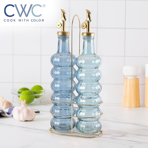 COOK WITH COLOR Glass Olive Oil Bottle Dispenser - 17oz Cruet Set for Oil & Vinegar - Elegant Blue Waves