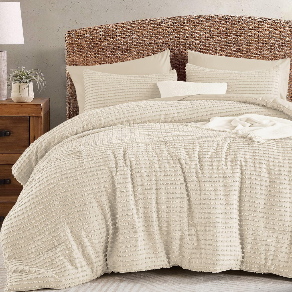 Yiran 7 Piece Beige Comforter Set King Bed in a Bag Tufted Texture Striped Boho Comforter Set Fluffy Jacquard Geometric Bedding Set 104"×90"