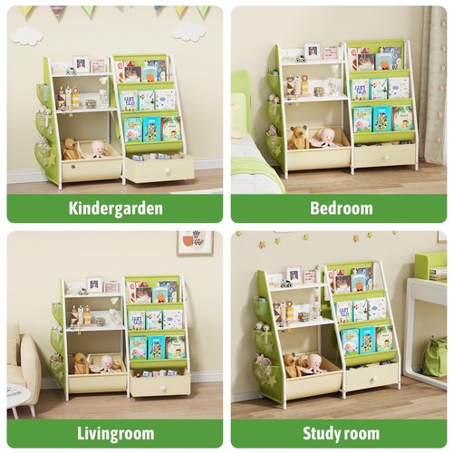 Kids Bookshelf and Toy Organizer, 3 Tier Sling Book Shelf with Movable Bins, Toddler Montessori Bookcase for Kids Rooms, Playroom Storage Book Shelves for Nursery,Classroom, Kindergarten, Green