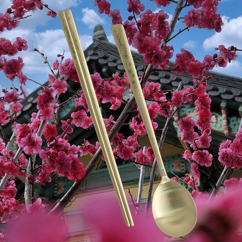 BALWOO [5 Sets] [Made in Korea] Korean Sticky Rice Spoon Chopsticks Set Gold Titanium Plating 304 Stainless Steel Tableware Cutlery Set Mukbang Chopsticks (Korean Apricot Blossom TITANIUM, 5 Sets)