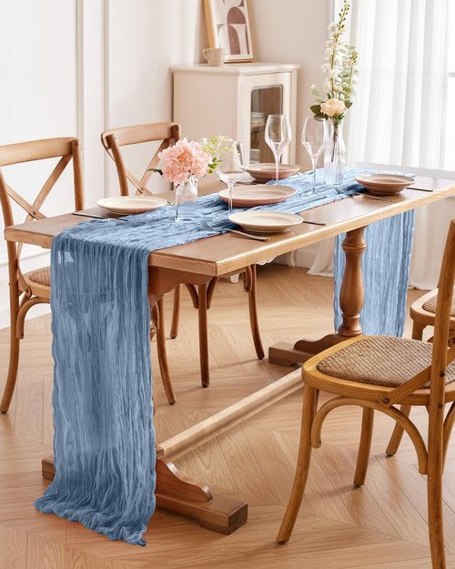 Pureegg 2-Pack Cheese Cloths Table Runner, 120'' Boho Table Cloth Decorations for Party, Baby Shower, Wedding and Farmhouse, Fabric Room Decor, Dusty Blue
