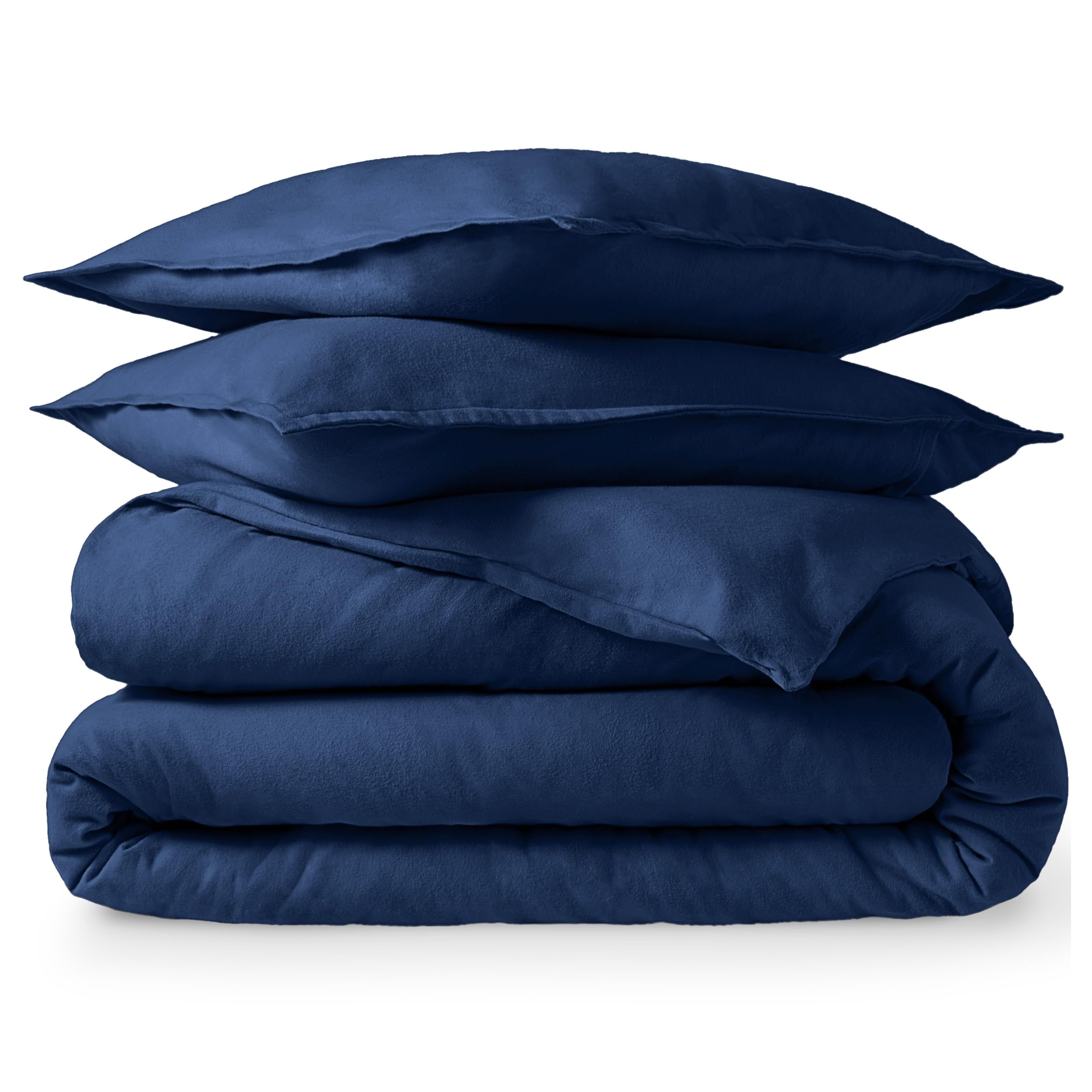 Bare Home Flannel Duvet Cover Set - Queen - 100% Cotton, Velvety Soft Heavyweight Premium Flannel, Double Brushed - Includes Sham Pillow Covers (Queen, Dark Blue)