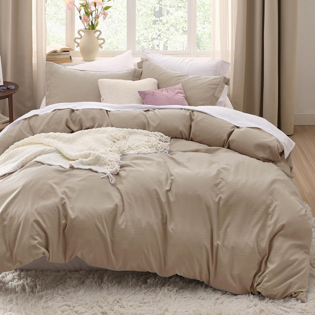 Bedsure King Size Duvet Cover Set - Extra Soft Prewashed Cotton-Like Bedding, Light Brown | 3 Pieces, Zipper Closure