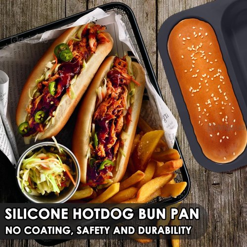 GDDGCUO Silicone Hotdog Bun Pan, 6 Inch Standard Hot dog Bun Mold, 4 Cup Non-stick Homemade Hotdog Bun Baking Pans, Mini Baguette Pans, Dishwasher Safe, 2 Pcs (Grey)