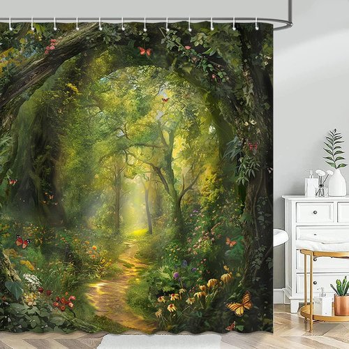 Mocsicka Tree Shower Curtain Spring Nature Garden Enchanted Forest Scene Bathroom Shower Curtain Tree Waterproof Fabric Shower Curtains Bathtub Decor with 12 Hooks 72 X 72 Inch (Green)