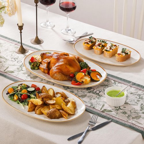 CULIVORA Ceramic Oval Serving Platter with Brown Rim: 15.6/14.3/12.9 Inch Large Serving Dishes for Entertaining Party, Turkey, Steak, Ham, Microwave Dishwasher Safe