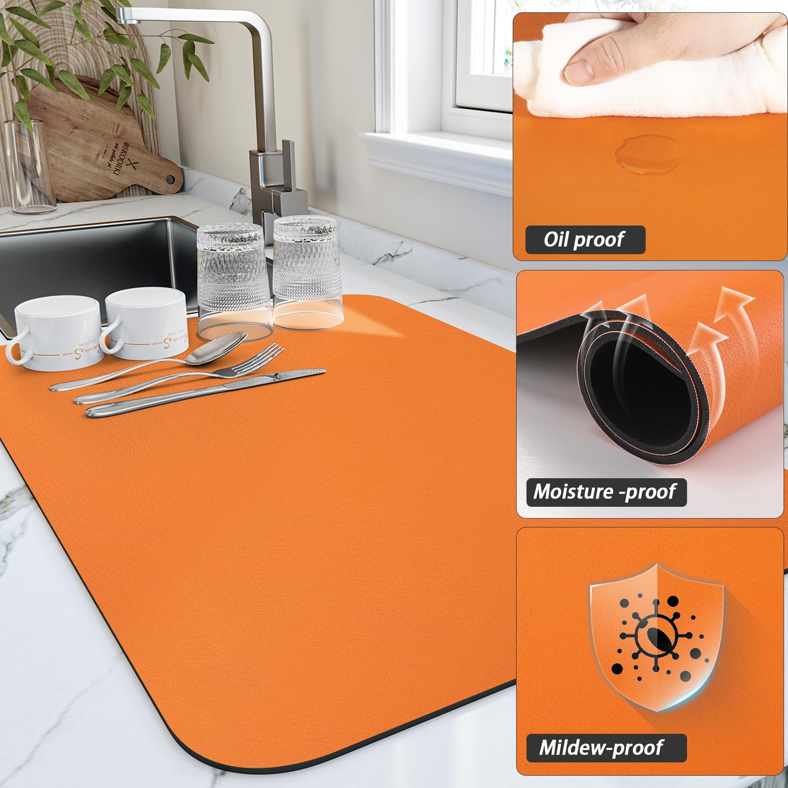 HotLive Dish Drying Mat for Kitchen Counter, Heat Resistant Drainer Mats with Non-slip Rubber Backed, Hide Stain Kitchen Super Absorbent Draining Mat, Easy to Clean Dish Rack Pad, Orange 18"x24"
