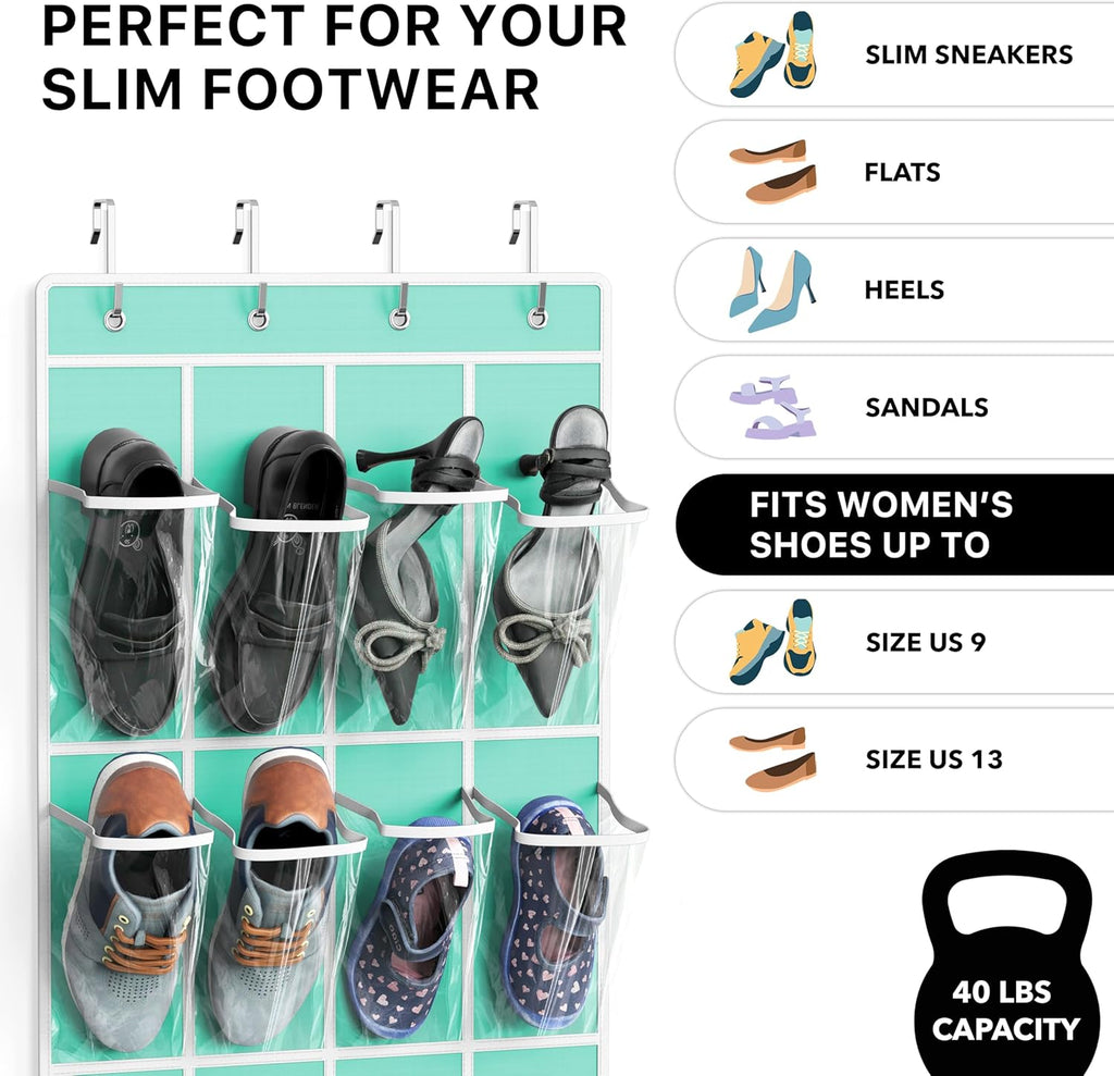 Simple Houseware 24-Pocket Over The Door Shoe Organizer - Crystal Clear, Turquoise (64'' x 19'')