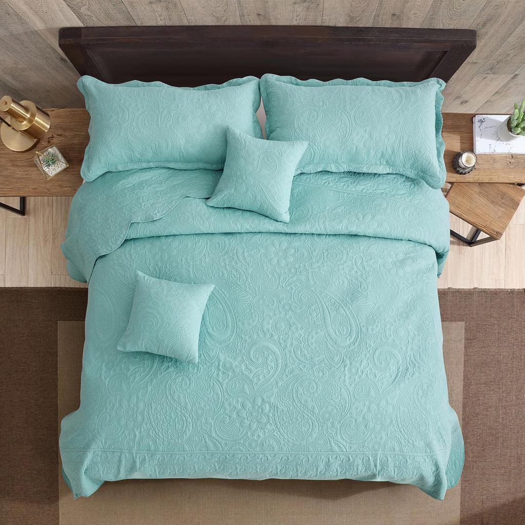 Blythease Oversized King Bedspread, Embossed Paisley Quilt Set King/Cal King, Lightweight Reversible Coverlet, Scalloped Edge - Fresh Classic Look, 5 Piece, Seaglass
