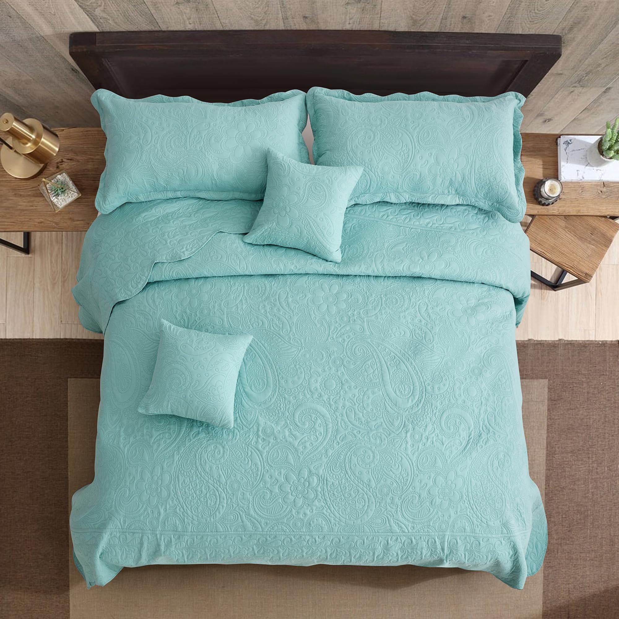 Blythease Oversized King Bedspread, Embossed Paisley Quilt Set King/Cal King, Lightweight Reversible Coverlet, Scalloped Edge - Fresh Classic Look, 5 Piece, Seaglass