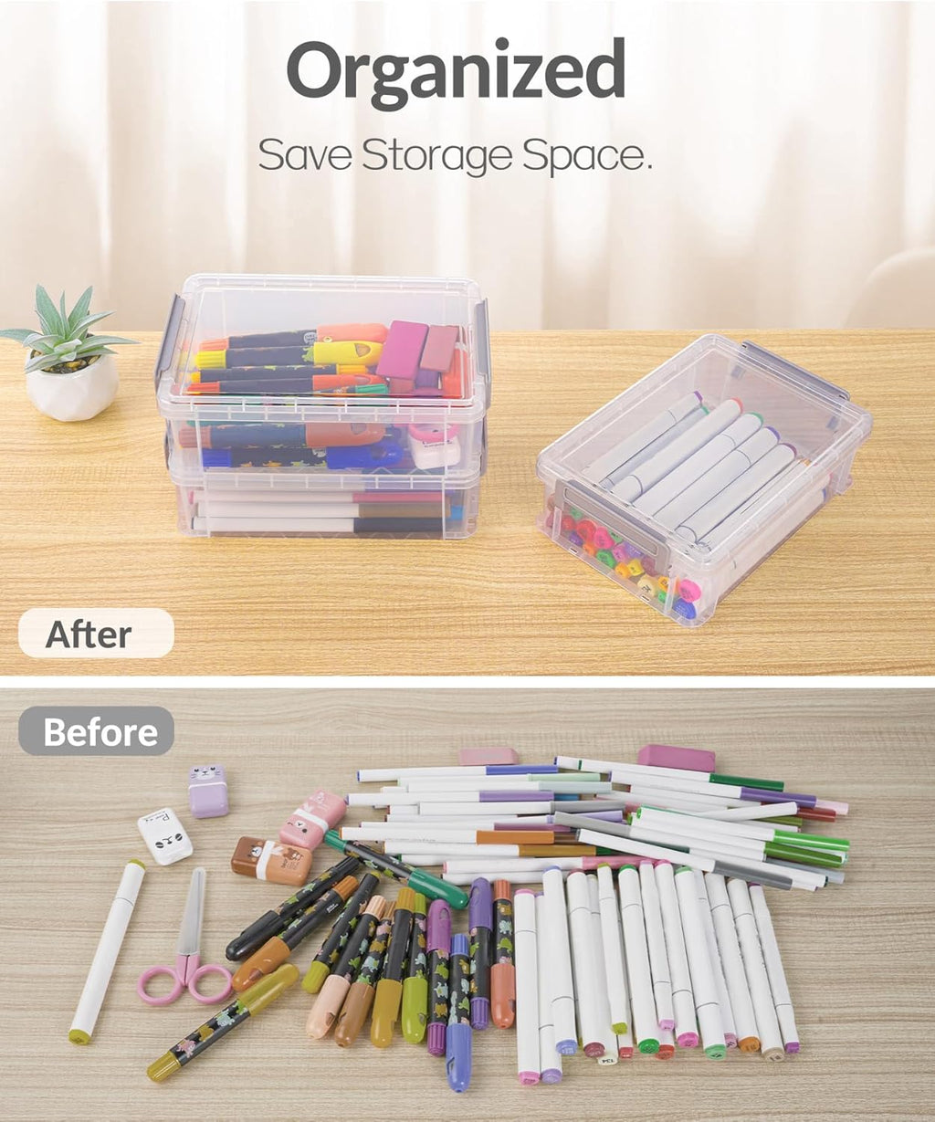 Sooez Extra Large Pencil Box Set - Clear Plastic Organizer with Lid | Stackable Storage for Art Supplies, Grey