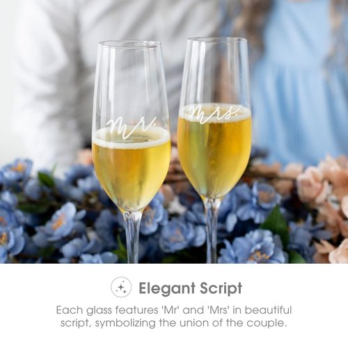 Pearhead Mr. & Mrs. Champagne Flute Set - Elegant His and Hers Wedding Toasting Glasses for Unforgettable Celebrations, Bridal Shower and Registry Idea, Tall Wine Glasses for Bride and Groom