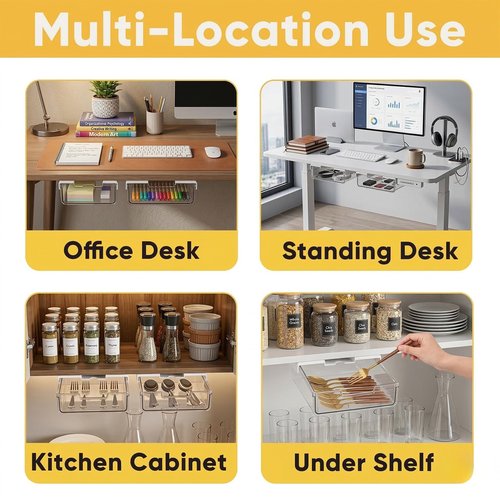 OrgaFocus 2 Pack Under Desk Hanging Drawer Slide Pull Out, Attachable Clear Acrylic Storage Tray, Easy Hidden Self Adhesive Mount Cabinet Shelf Holder for Tables, Home & Office, Counters, Workstation