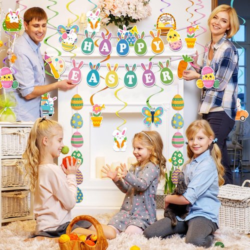 53pcs Easter Decorations for Home Easter Garland Happy Easter Banner Easter Decorations Indoor with Egg Bunny Hanging Swirl for Home School Classroom Easter Party Decorations