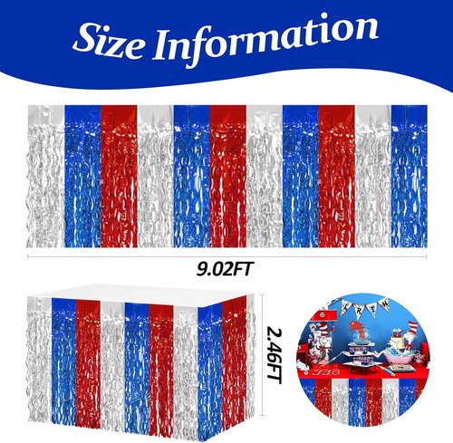 8P Wavy Metallic Tinsel Foil Fringe Table Skirts - Perfect for Weddings, Birthdays & Holiday Decor | Red, Blue, White