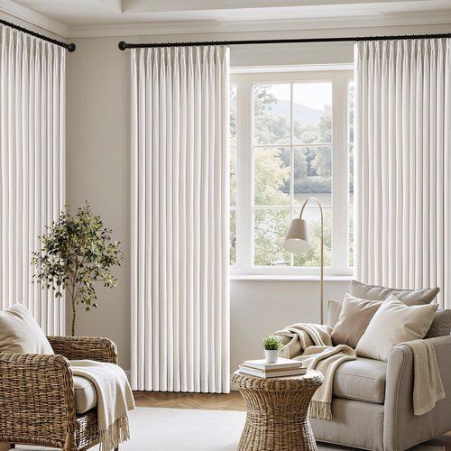 MIULEE Pinch Pleated Linen Curtains - 90 Inch Semi-Sheer Light Filtering Drapes | 4 Panels in Beige & White