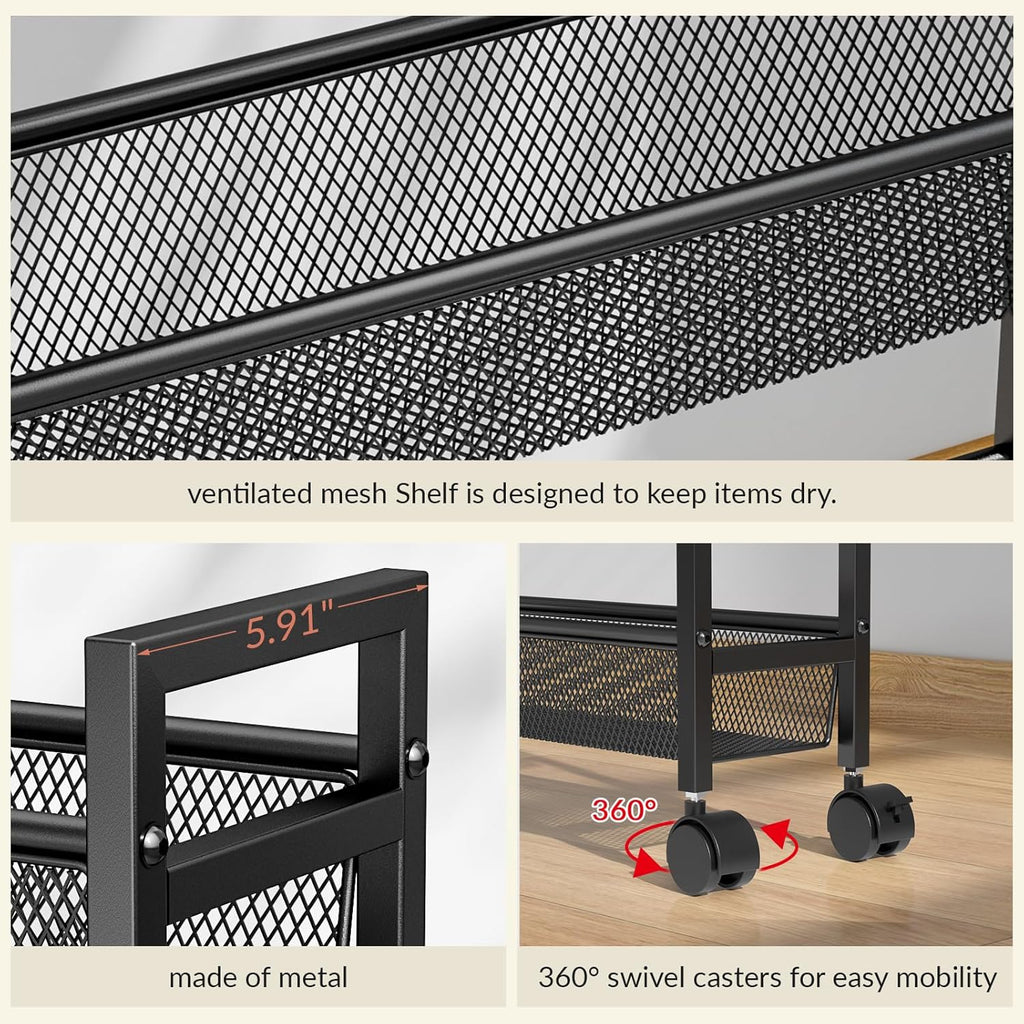 ThreeHio 6-Tier Slim Storage Cart - Mobile Metal Shelving Unit for Kitchen & Bathroom - Black, 6in Width