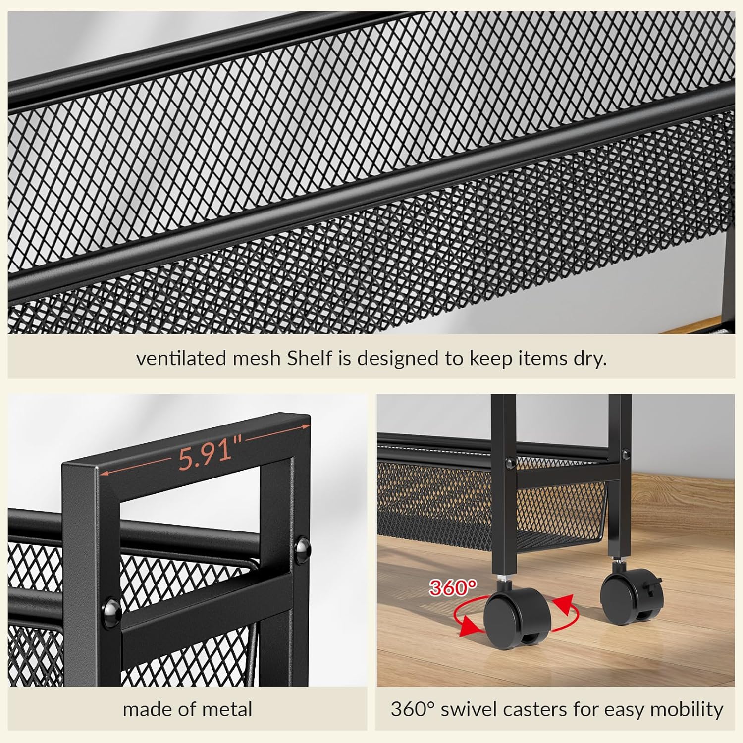 ThreeHio 6-Tier Slim Storage Cart - Mobile Metal Shelving Unit for Kitchen & Bathroom - Black, 6in Width