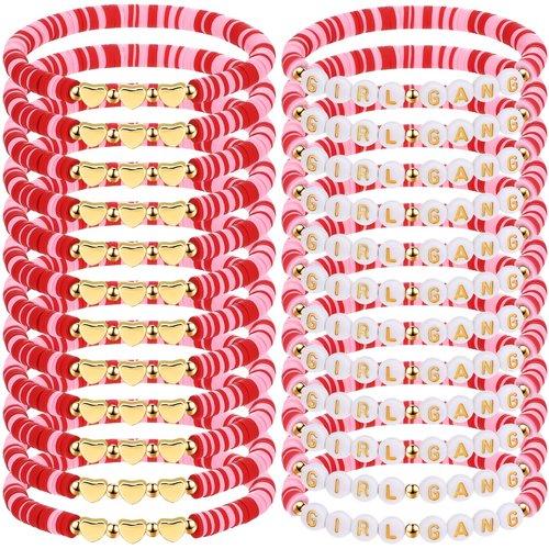 Kigeli 24 Pcs Galentines Day Bracelets Gift Bulk Girl Gang Valentines Gifts Polymer Clay Beaded Galentines Gang Bracelets Valentine Party Favors for Women Sleepover Goodie Bag Stuffers(Pink, Red)