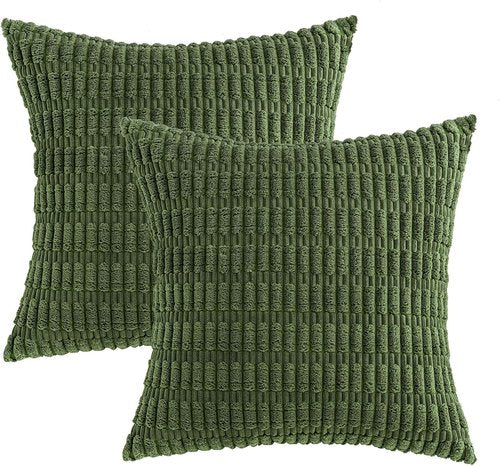 MIULEE Decorative Throw Pillow Covers - Soft Boho Striped Corduroy | 18x18 Inch, Pack of 2, Moss Green