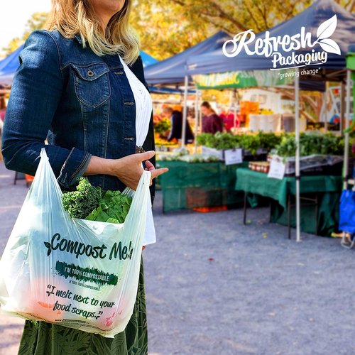 Refresh Packaging - 100% Certified Compostable Shopping Bags - Multipurpose Use - T-Shirt Style Bags - 500 Bags Per Case - Eco Friendly - Reduces Waste - Sustainable - No Pollution - Zero Waste