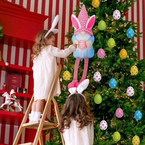 VitalCozy Easter Tree Topper 24 Inch Large Plush Gnomes Tree Ornaments Swedish Party Decoration Supplies with High Hat Legs Bunny Rabbits Ear for Home Fireplace Table Holidays Presents