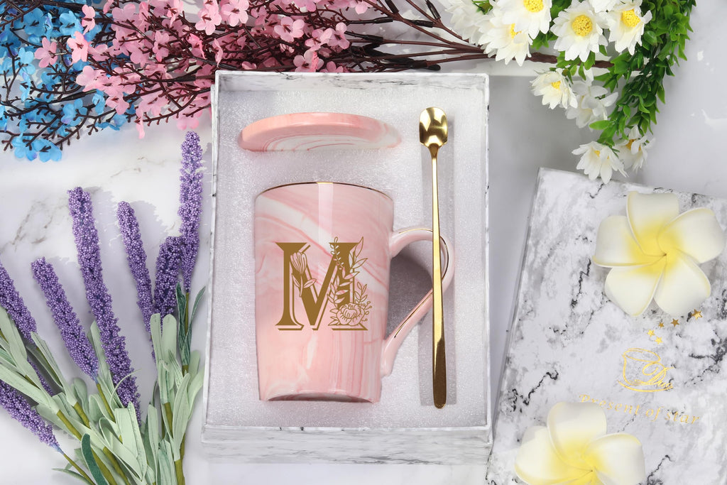 WENSSY Pink 14 Ounce Letter M with Flower Personalized Initial Mugs, Novelty Coffee Mugs for Women, Bridal Shower Gifts, Dishwasher Safe Porcelain Mug