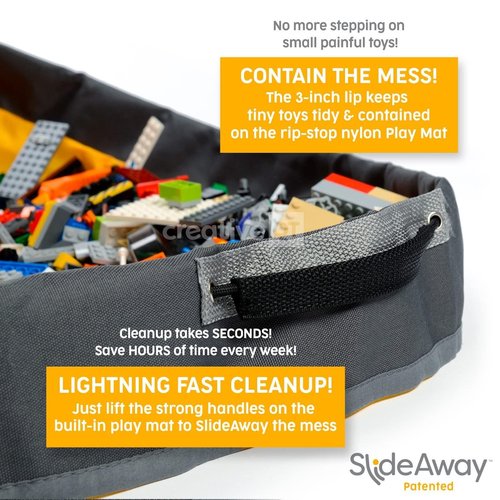 Creative QT SlideAway Toy Storage Organizer & Extra Large 52" Play Mat, Collapsible Storage Bins for Building Bricks, Small Blocks, Toys, Drawstring Cleanup for Kids Playroom & Classroom, Grey