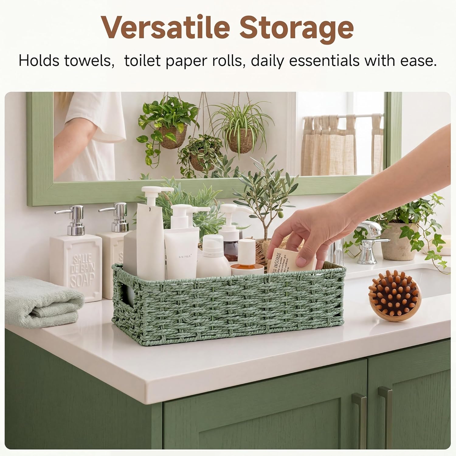 StorageWorks Wicker Toilet Basket - Built-In Handles for Easy Organization | Sage Green Bathroom Decor