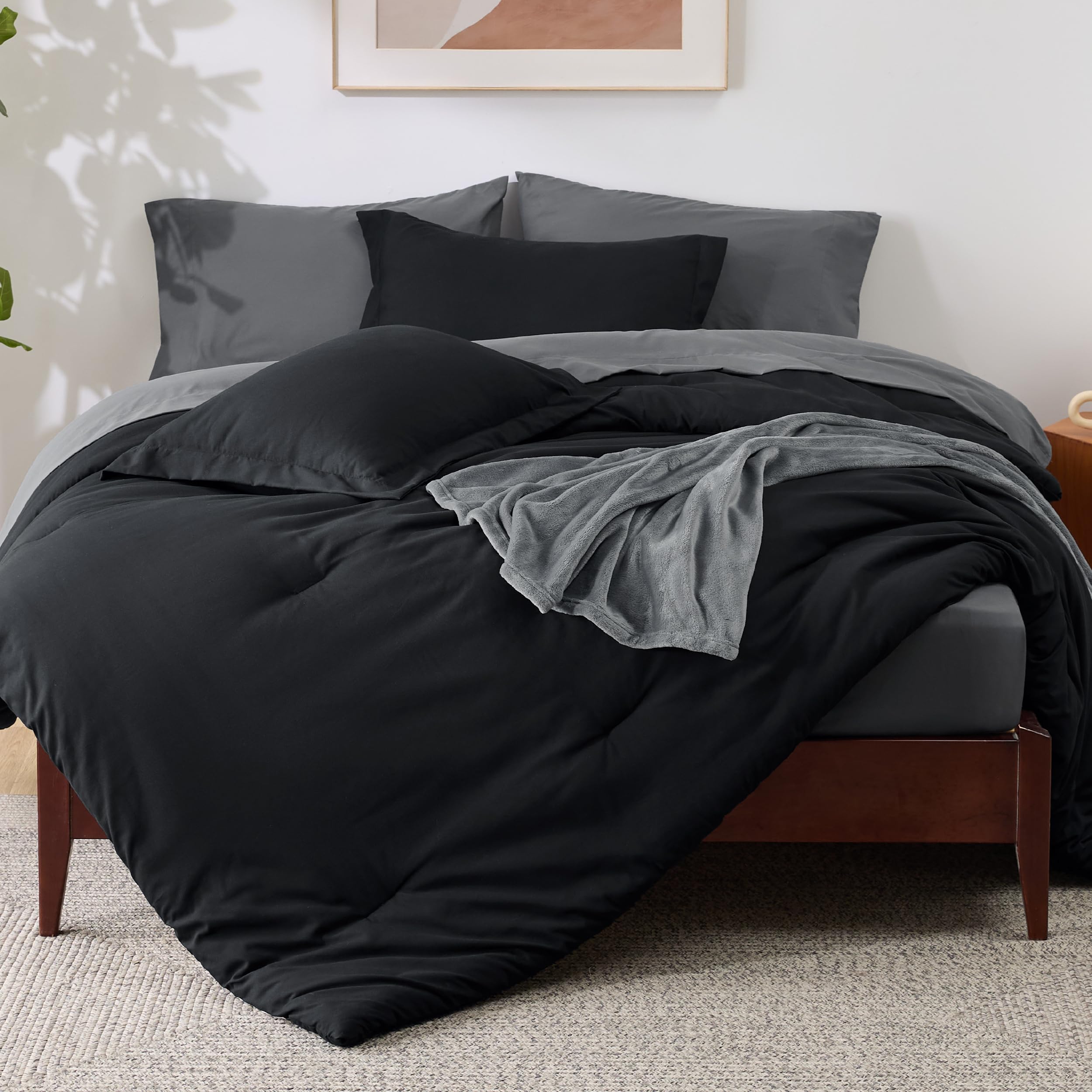 Bedsure Queen Comforter Set Black, 8 Pieces Prewashed Queen Size Bed in a Bag with Soft Fleece Bed Blanket, Down Alternative Bedding Set for All Seasons, Sheets, Pillowcases & Shams