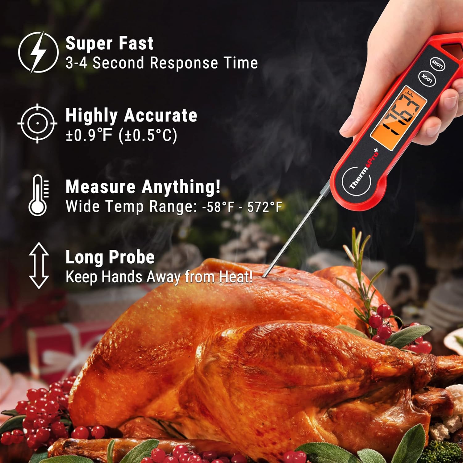 TempPro Waterproof Digital Meat Thermometer - Ambidextrous Backlit & Motion Sensing for BBQ & Grilling