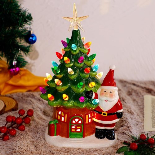 Juegoal Lighted Ceramic Christmas Tree - 11" Pre-Lit Tabletop Decorations with Santa & Multicolor Bulbs