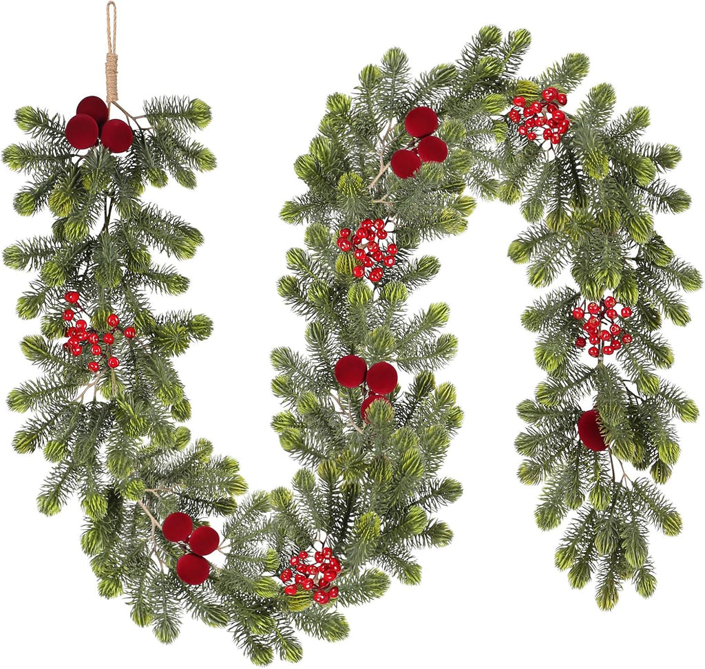 SY Super Bang 6FT Christmas Garland - Artificial Green Decor with Velvet Balls & Red Berries for Holiday Cheer