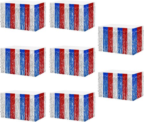 8P Wavy Metallic Tinsel Foil Fringe Table Skirts - Perfect for Weddings, Birthdays & Holiday Decor | Red, Blue, White