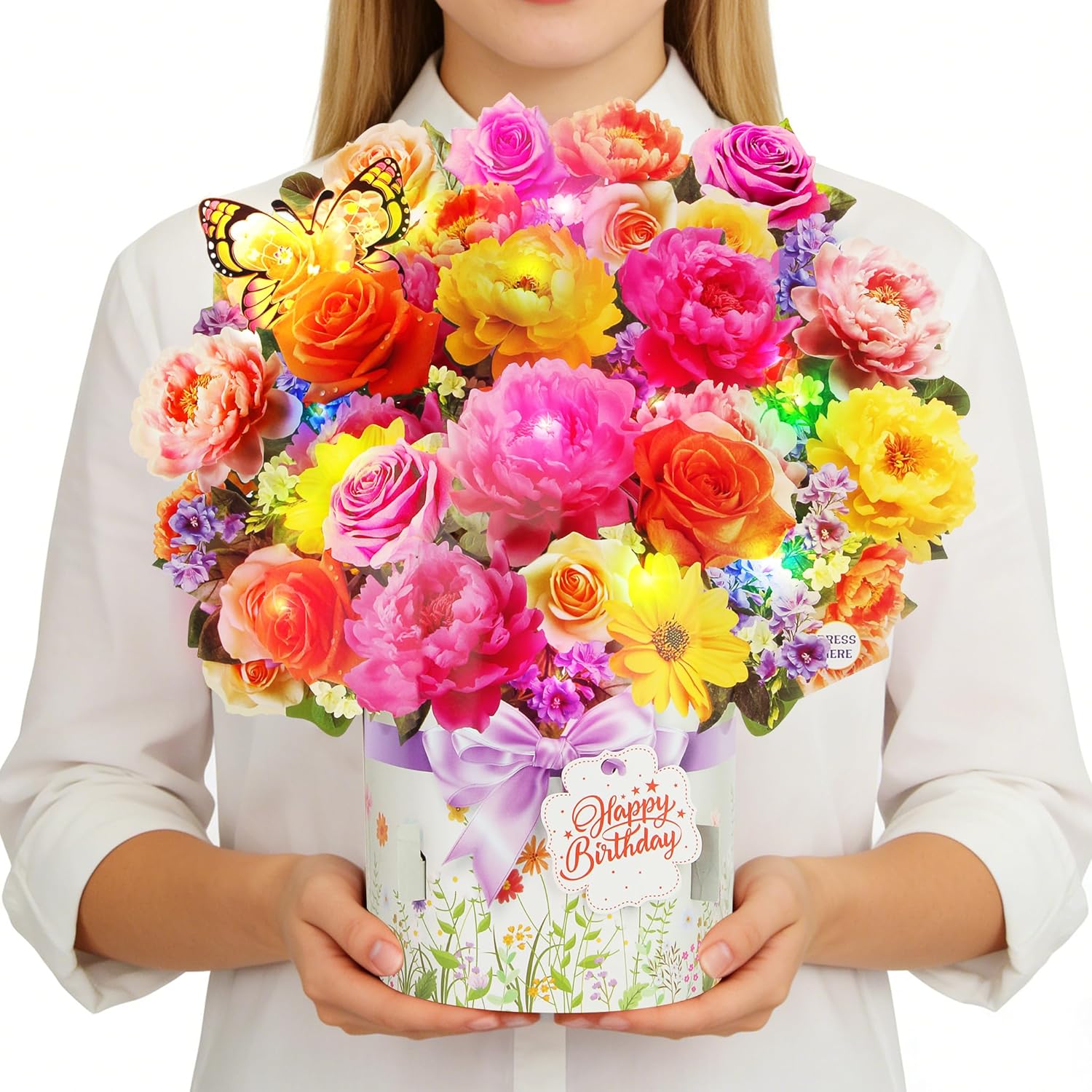 XTF2015 Birthday Cards - Musical & Light-Up Happy Birthday Card | 3D Peony & Butterfly Design