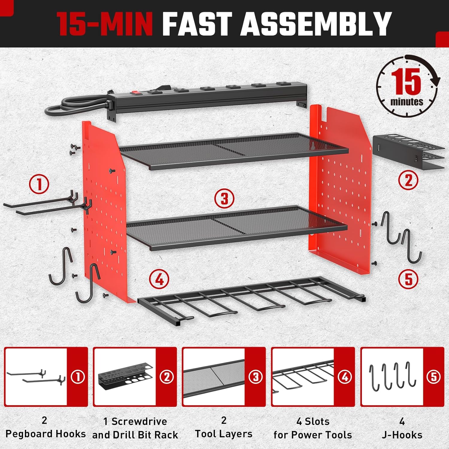 ZESEN Power Tool Organizer - Heavy Duty 3-Layer Wall Mount Shelf with Charging Station & Hooks | Red