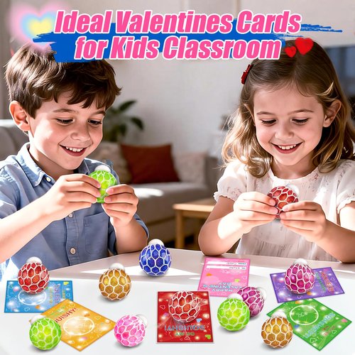 AyiOwmpa Valentines Day Cards for Kids School, 24 Pack Valentines Cards for Kids Classroom with Stretch Squeeze Balls Toys, Valentines Day Gifts for Kids Exchange, Ideal Valentines' Party Favors