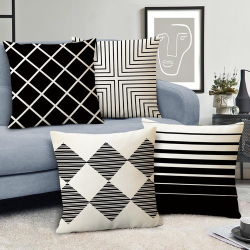 Fahrendom Modern Geometric Decorative Throw Pillow Covers 18 x 18 Set of 4, Black White Striped Porch Patio Outdoor Pillowcase, Abstract Minimalist Farmhouse Sofa Couch Cushion Case Home Decor