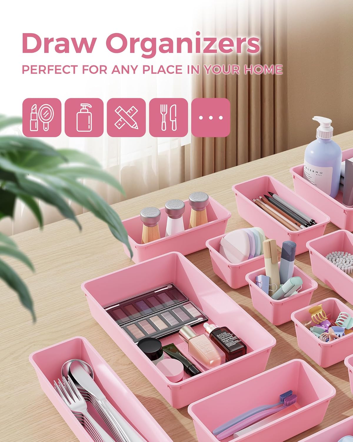 BiuLeon 25 PCS Plastic Drawer Organizers Set - Versatile Makeup & Vanity Storage | Pink, 4 Sizes