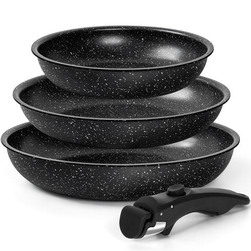 MICHELANGELO Nonstick Frying Pan Set, Non Toxic Frying Pans with Removable Handle, Granite Coating Non Stick Skillet Set of 3, Induction Compatible - 8" 9.5" and 11", Black