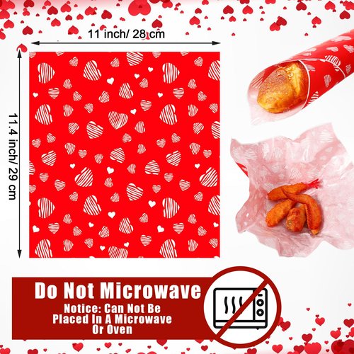 Marspark 100 Sheets Valentine's Day Heart Wax Paper for Food Wrapping 11.4 x 11 Inches Red Food Basket Wax Paper for Spring Picnic Wedding Birthday Candy Cookies Sandwich Burgers Greaseproof Wrapping
