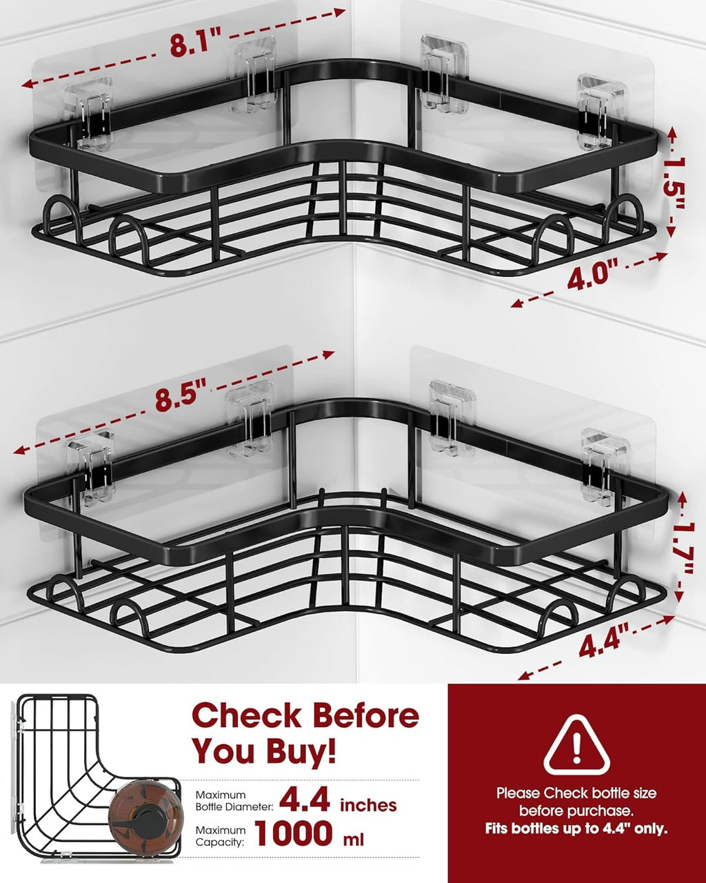 Sakugi Corner Shower Caddy - Rustproof Stainless Steel Organizers with 8 Hooks | No-Drill, Space-Saving, Black, 2 Pack