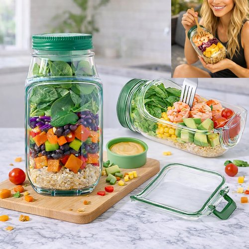 suvast Salad Jar With Side Opening,On-the-Go Lunch Bowl Container for Meal Prep,Portable Food Container for Work,Travel & Daily Use (1P)