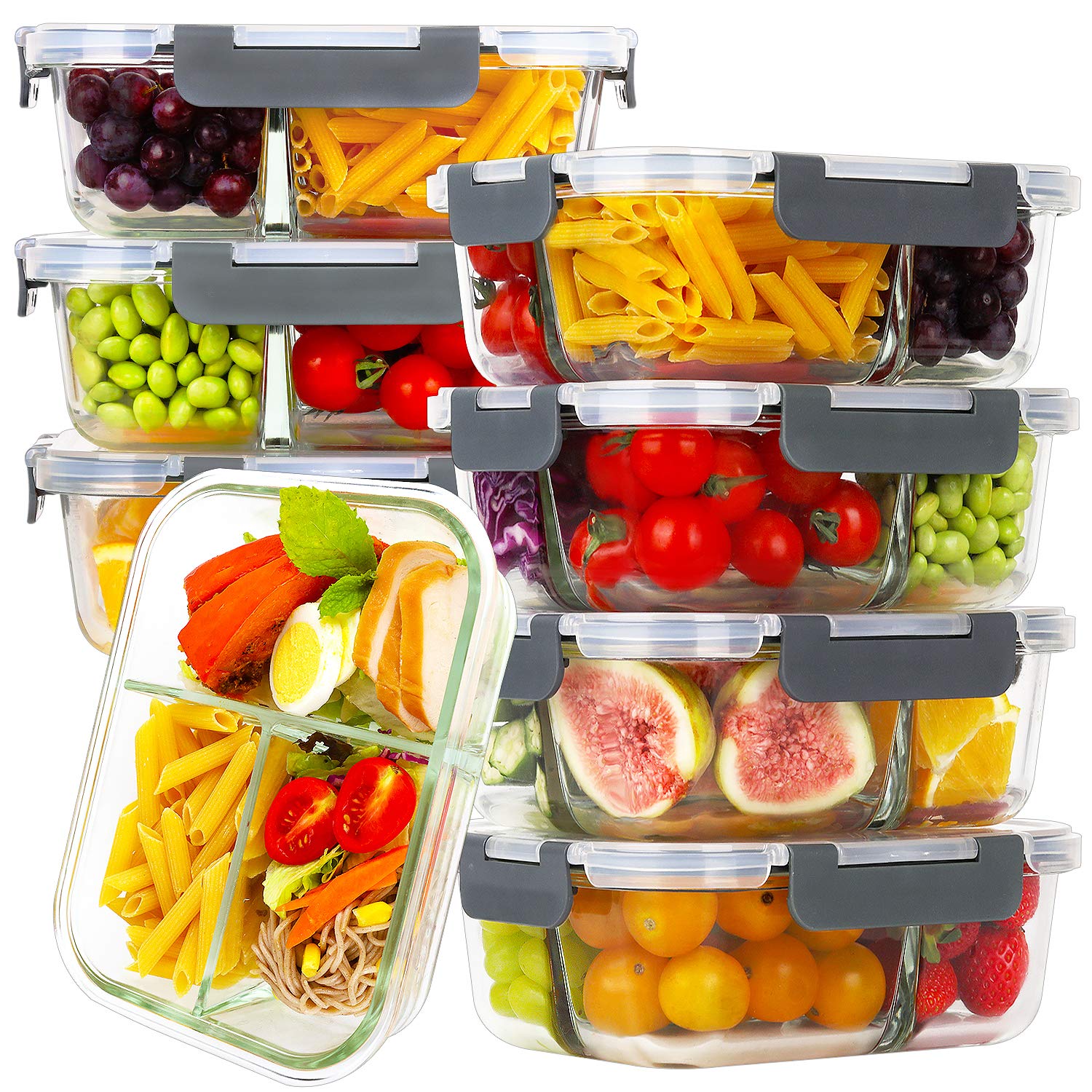 Bayco 8 Pack Glass Meal Prep Containers 3 Compartment, Glass Food Storage Containers with Lids, Airtight Lunch Bento Boxes, Leak Proof (8 lids & 8 Container) - Grey