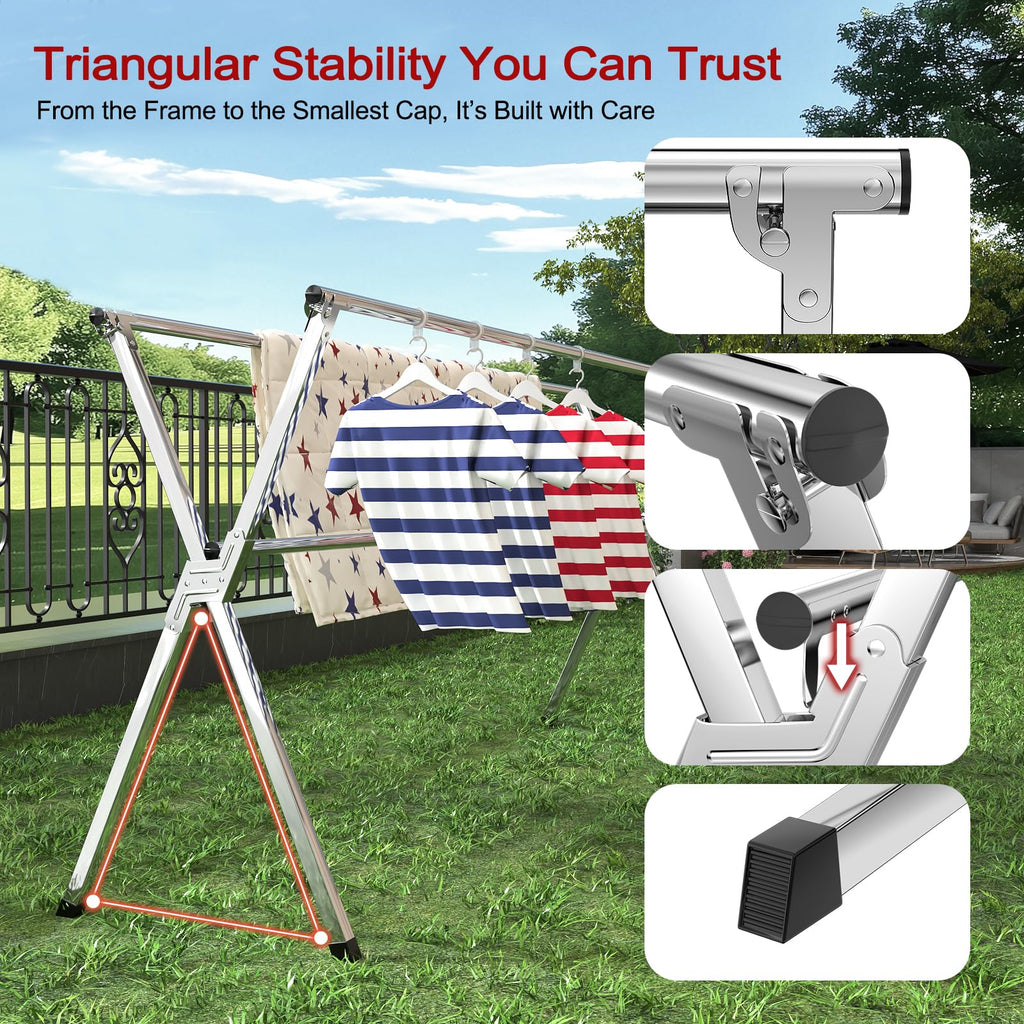 SOLVESTIS Clothes Drying Rack, Heavy-Duty Folding Laundry Drying Rack for Indoor Outdoor Use, 50.4-78.7" Extendable Stainless Steel, Space-Saving Design, Foldable Freestanding Airer