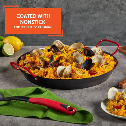 IMUSA USA 10" Carbon Steel Coated Nonstick Paella Pan, Black, Red Handles