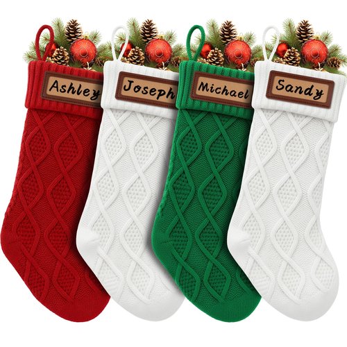 Personalized Christmas Stockings Knitted 4 Pack: Large Knit Christmas Stockings Set of 4, Custom Name with Leather Patches White Red Green Bulk Family Xmas Stocking Hanging Decorations for Home, 18''