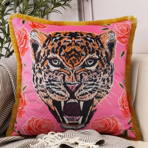 Tiger Floral Velvet Decorative Throw Pillow Cover 20x20 In Pink Pillow Covers Flower Animal Print Tiger Cushion Cover with Tassels Modern Decor Square Pillowcase for Sofa Couch Bedroom Living Room