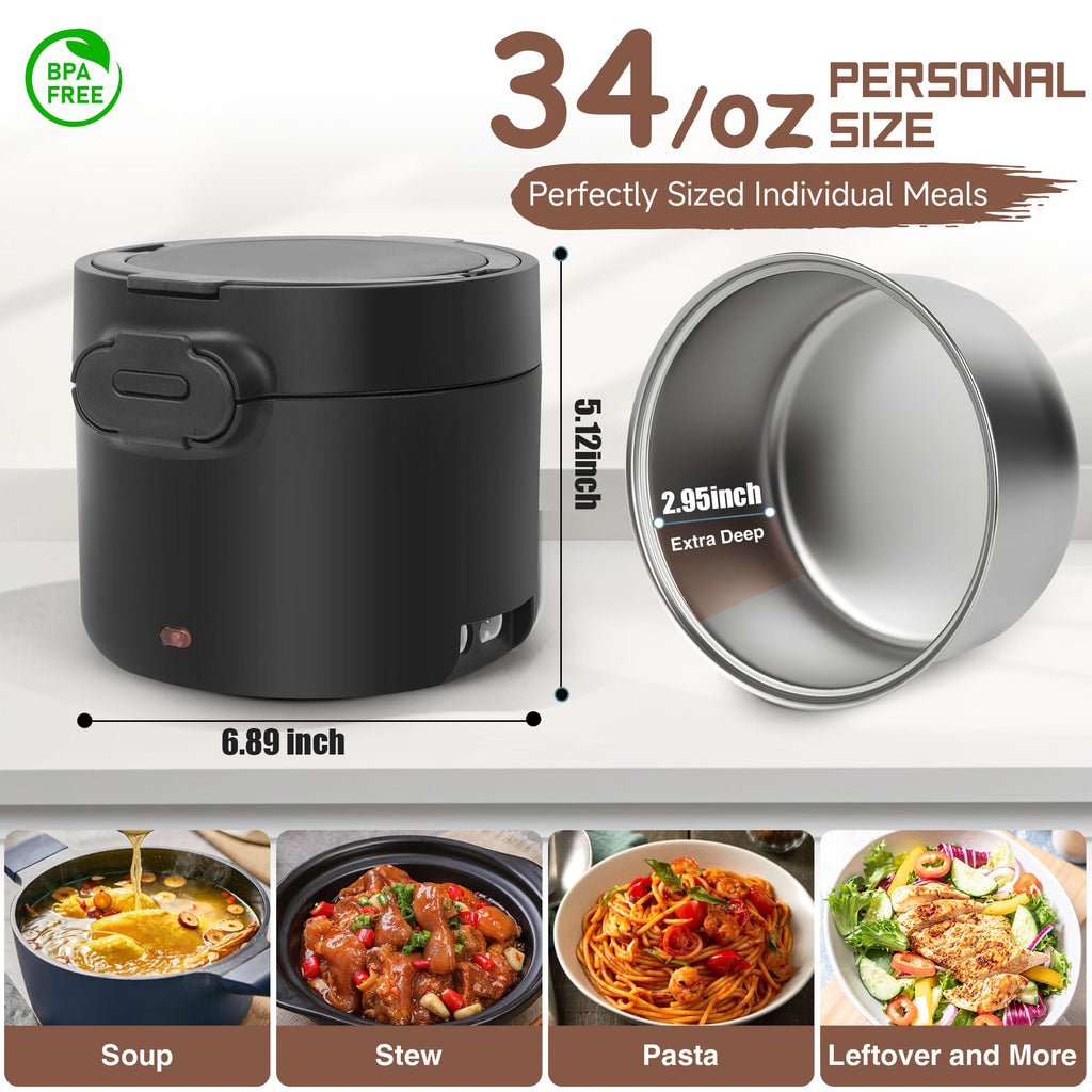 WVJ Electric Lunch Box for Men, 1L/34oz 100W Portable Food Warmer Leak-proof Food Heater for Adults 12V/24V/110V for Car/Truck/Office/On-the-Go Travel Black