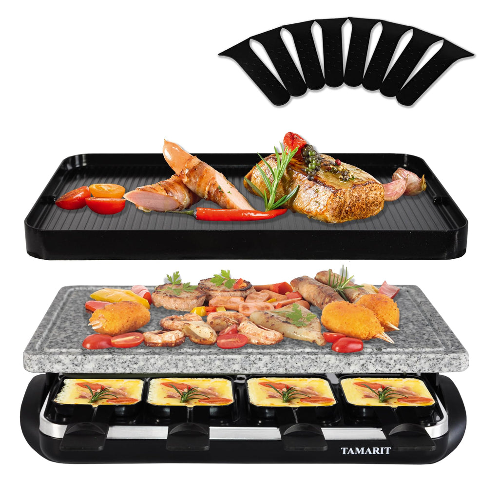 TAMARIT Raclette Table Grill Portable 3 in 1 Korean Barbecue BBQ Electric Indoor Griddle with Non-Stick Reversible Plate and Cooking Stone for Steak 1400W Raclette Grill for 8 Person, Black